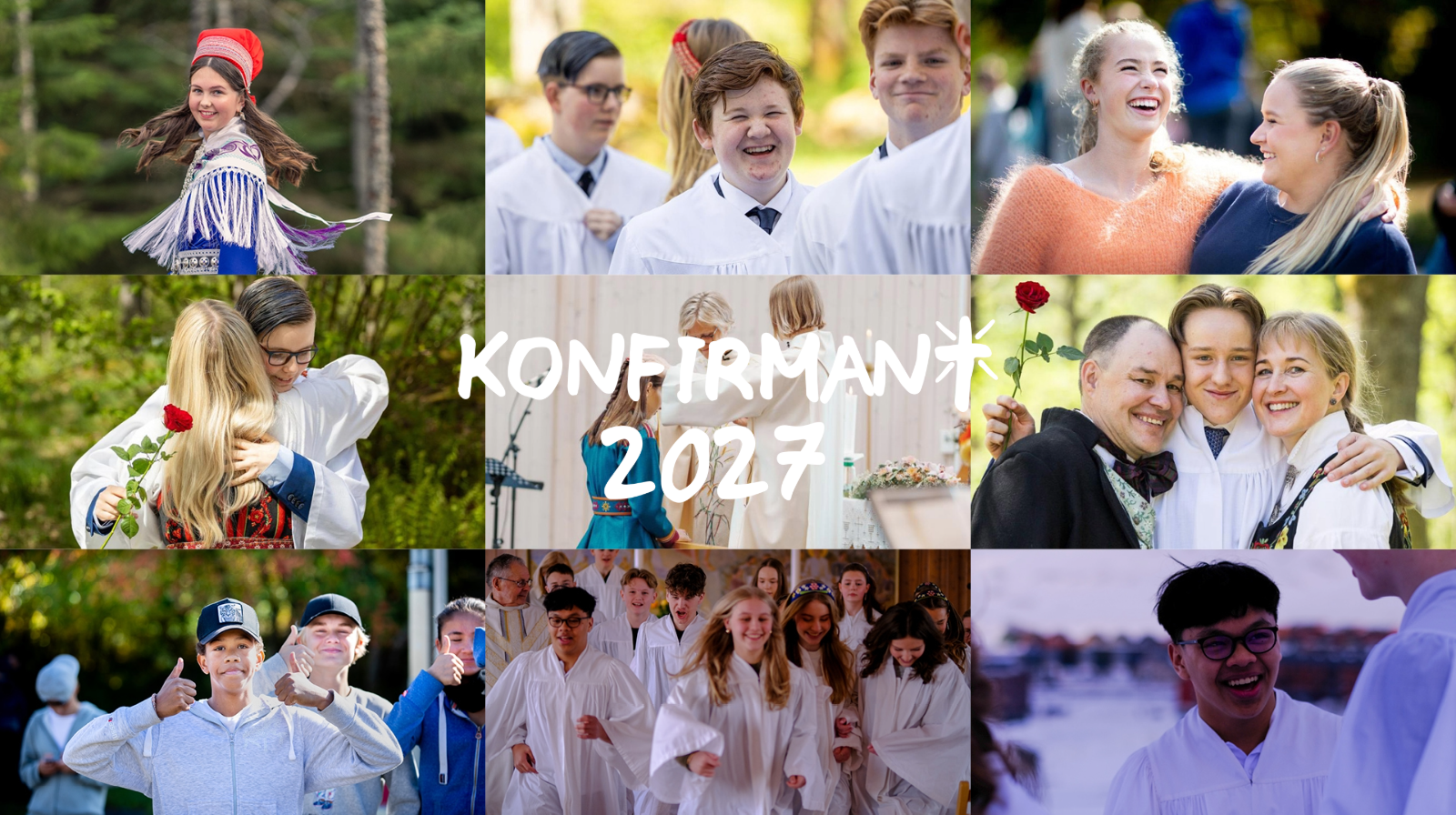 Kollasje av konfirmanter med logo: Konfirmant 2027